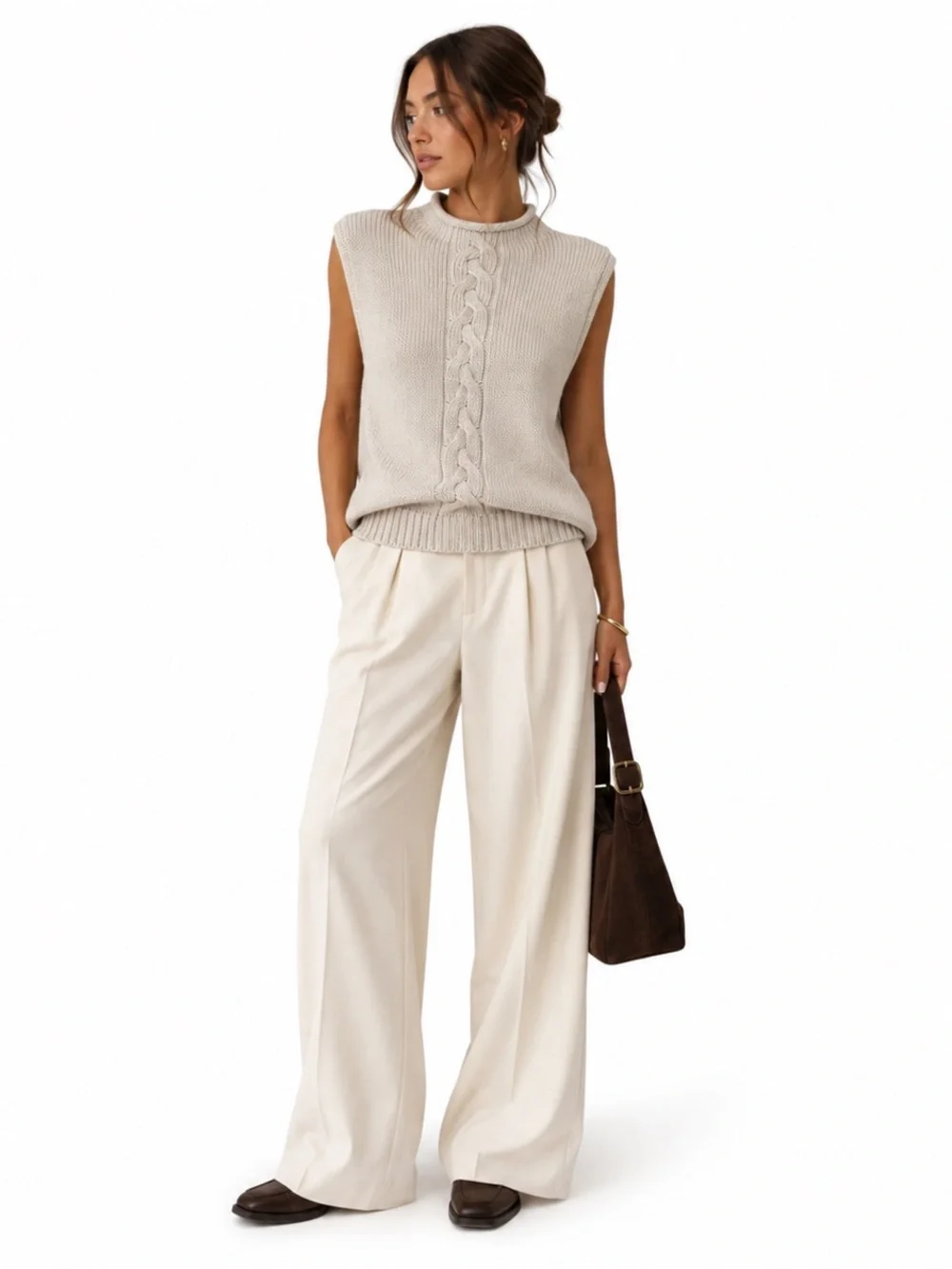 Oatmeal Cable Knit Sweater Vest Mock Neck Preppy Fall Layering Women’s